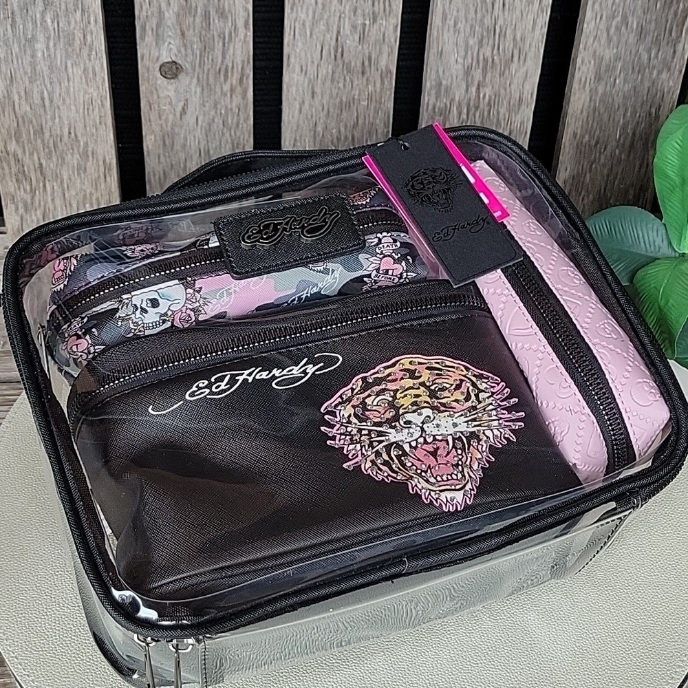 Ed Hardy Tiger Clear Cosmetic Bag Set in Black and Pink Set Of 4